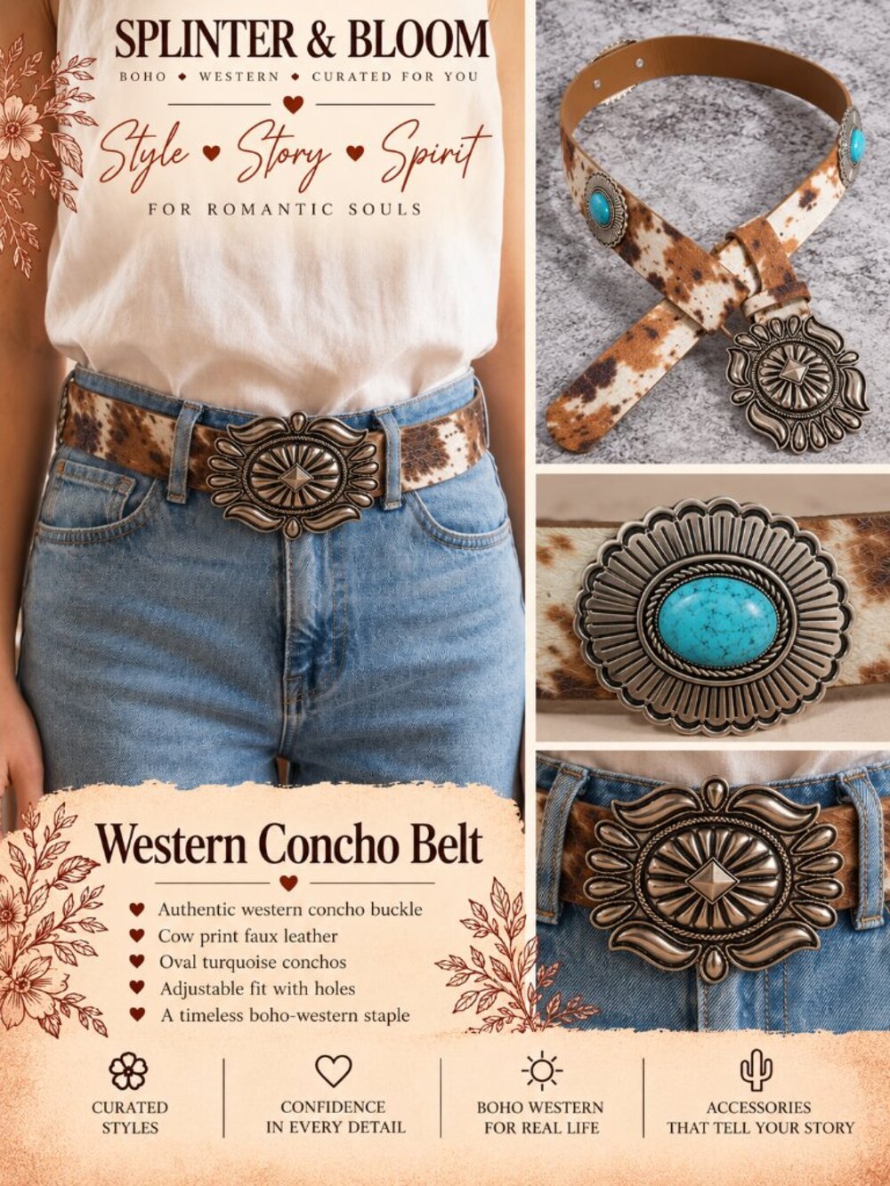 NWT Western Cow Print Concho Belt | Turquoise Silver Buckle Boho Cowgirl